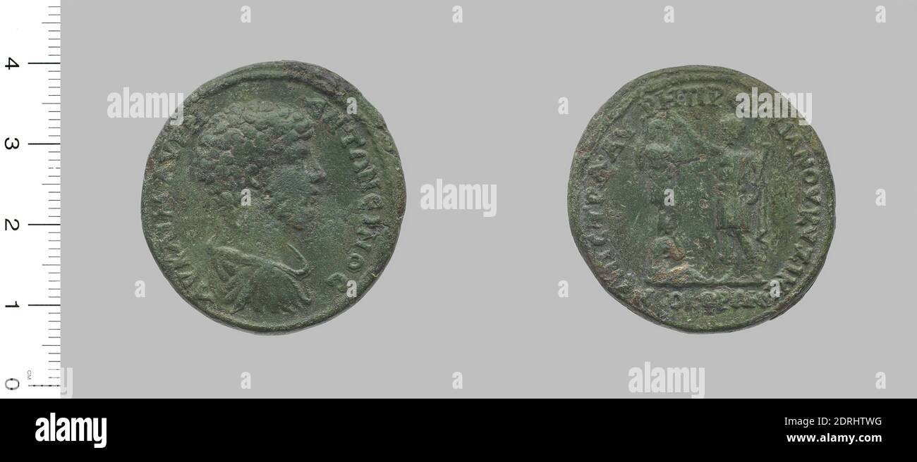 Ruler: Marcus Aurelius, Emperor of Rome, A.D. 121–180, ruled  A.D. 161–80, Mint: Cyzicus, Coin of Marcus Aurelius, Emperor of Rome from Cyzicus, 161–80, Bronze, 23.31 g, 7:00, 34.4 mm, Made in Cyzicus, Mysia, Roman, 2nd century A.D., Numismatics Stock Photo