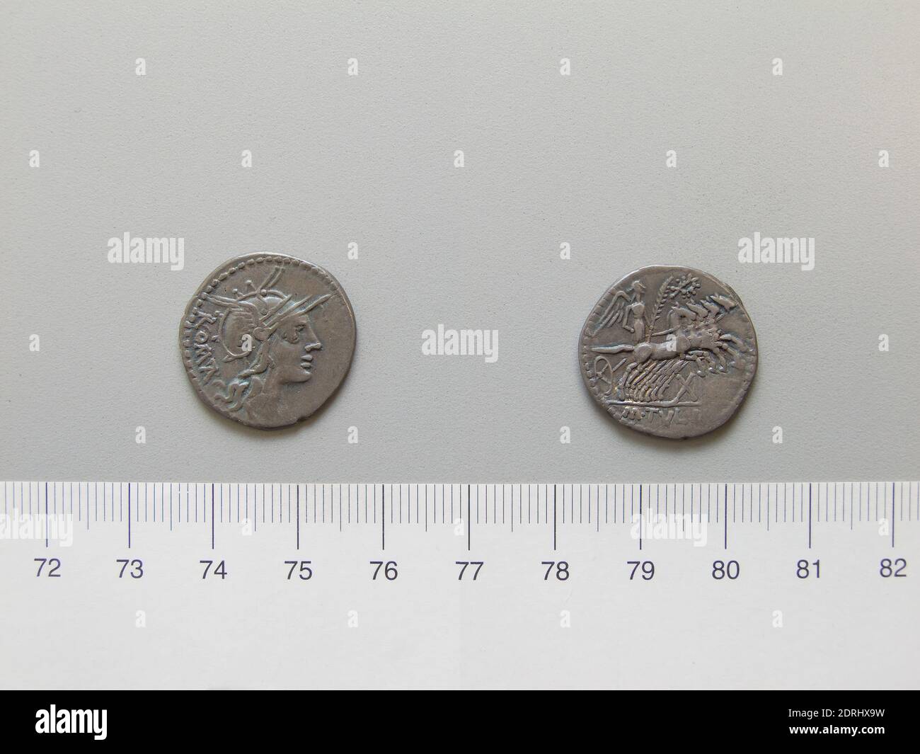 Mint: Rome, Magistrate: M. TVLLI, Denarius from Rome, 120 B.C., Silver, 3.92 g, 2:00, 21 mm, Made in Rome, Italy, Roman, 2nd century B.C., Numismatics Stock Photo