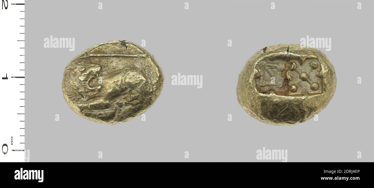 Mint: Miletus, Trite from Miletus, 560–545 B.C., Electrum, 4.57 g, 13.9 mm, Made in Miletus, Ionia, Greek, 6th century B.C., Numismatics Stock Photo