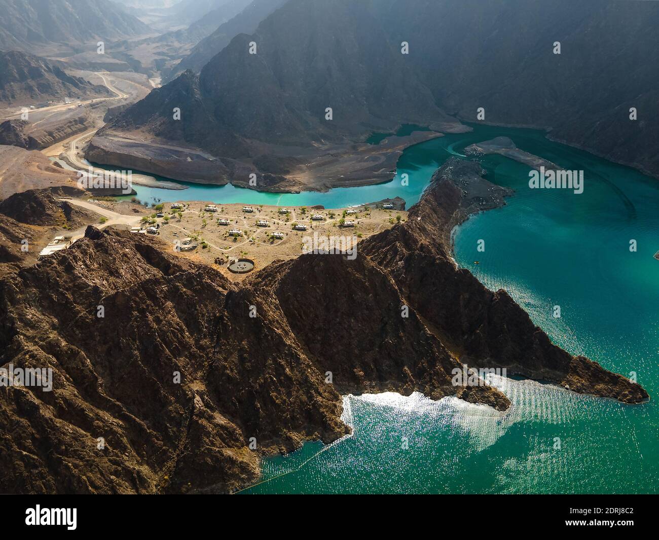 Hatta Dam Lake in mountains enclave region of Dubai, United Arab Emirates aerial view Stock Photo