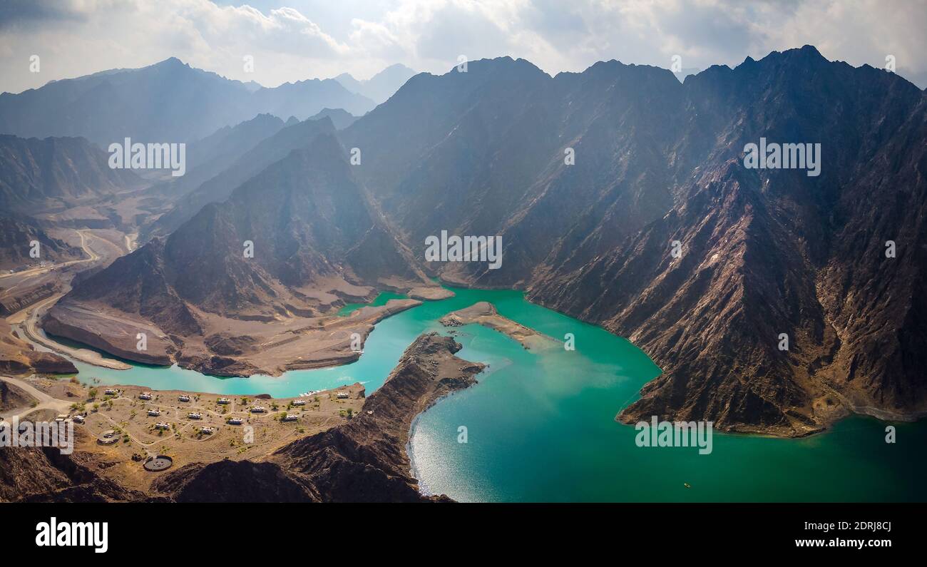 Hatta Dam Lake in mountains enclave region of Dubai, United Arab Emirates  aerial panoramic view Stock Photo - Alamy