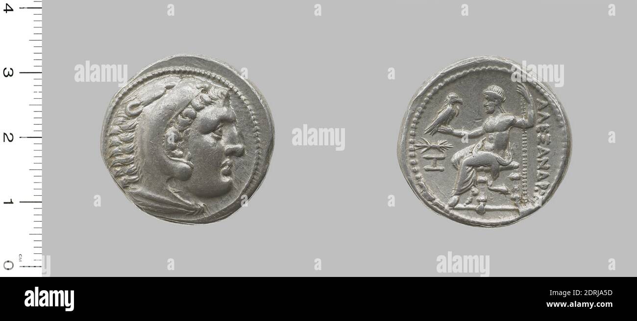 Mint: Pella, Honorand: Alexander the Great, King of Macedonia, 356–323 B.C., ruled 336–23 B.C., Tetradrachm from Pella, 294–290 B.C., Silver, 17.155 g, 7:00, 26.5 mm, Made in Pella, Macedonia, Greece, Greek, 3rd century B.C., Numismatics Stock Photo