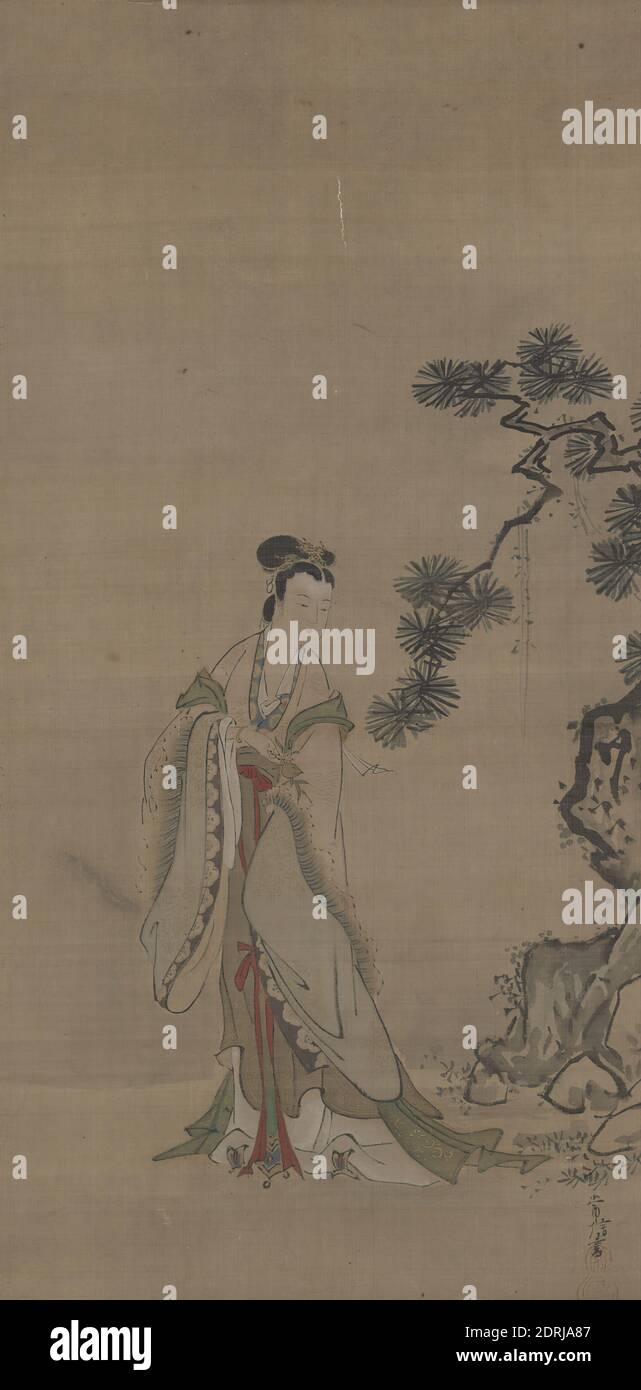 Artist: Kano Tsunenobu, Japanese, 1636–1713, Xiwangmu (Seiobo) and a Pine Tree, Late 17th century, Hanging scroll: ink and pigment on silk, without mounting: 24 3/16 × 12 3/16 in. (61.5 × 31 cm), Japan, Japanese, Edo period (1615–1868), Paintings Stock Photo