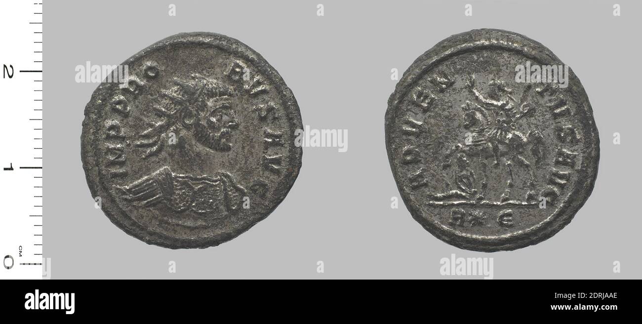 Ruler: Probus, Emperor of Rome, A.D. 232–282, ruled A.D. 276–82, Mint: Rome, Radiate of Probus, Emperor of Rome from Rome, 276–82, Base silver, 4.235 g, 5:00, 23.5 mm, Made in Rome, Italy, Roman, 3rd century A.D., Numismatics Stock Photo