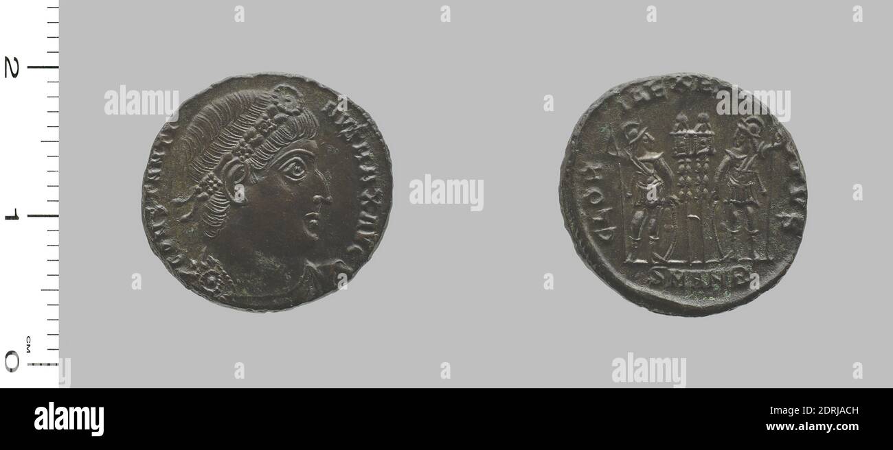 1 Nummus from Antioch, Syria, 335, Argentiferous copper, 2.485 g, 11:00, 17.5 mm, Made in Antioch, Syria, Roman, 4th century, Numismatics Stock Photo
