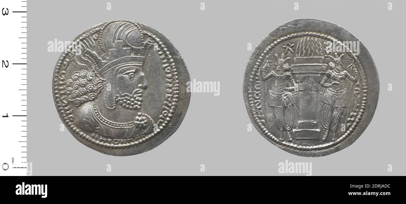 Ruler: Shapur II, Sassanian King A.D. 309-379,  Drachm of Shapur II, Sassanian King , 309–79, Silver, 3.735 g, 3:00, 26 mm, Made in Sassanian Empire, Sassanian, 4th century, Numismatics Stock Photo