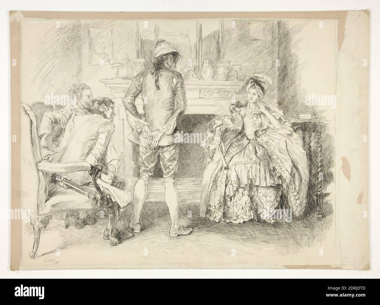 Artist: Edwin Austin Abbey, American, 1852–1911, M.A., 1897, The Good-natured Man.  Miss Richland and the Bailiff, Pen and ink, 63.3 × 50 cm (24 15/16 × 19 11/16 in. ) (sight), Made in United States, American, 19th century, Works on Paper - Drawings and Watercolors Stock Photo