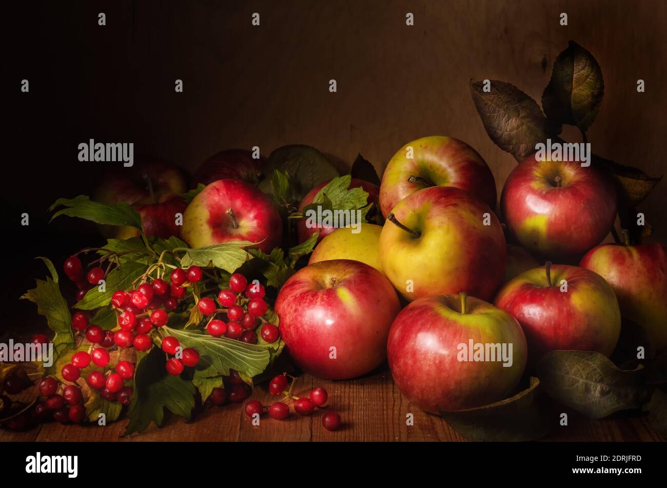 apples and branches of viburnum on a dark wooden background in a rustic ...
