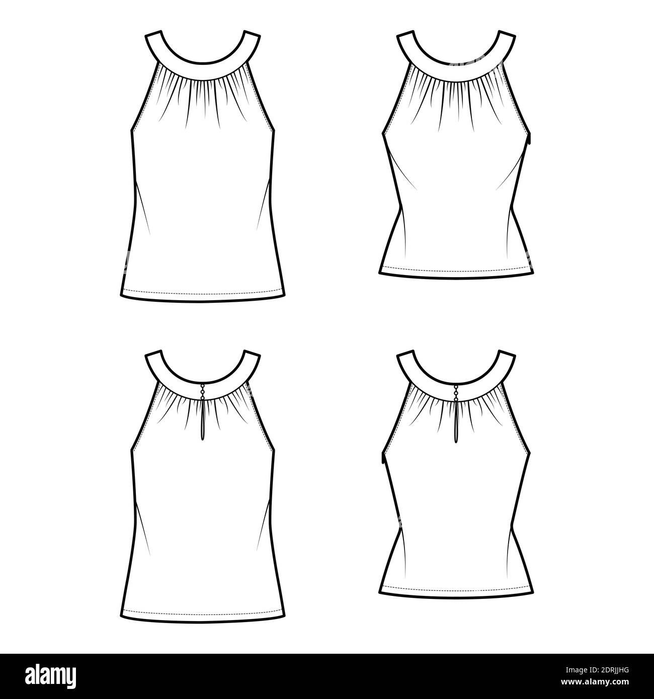 Set of Tops rounded neck band tank technical fashion illustration with ruching, fitted and oversized body, tunic length hem, button keyhole. Flat template front back white color. Women, men CAD mockup Stock Vector