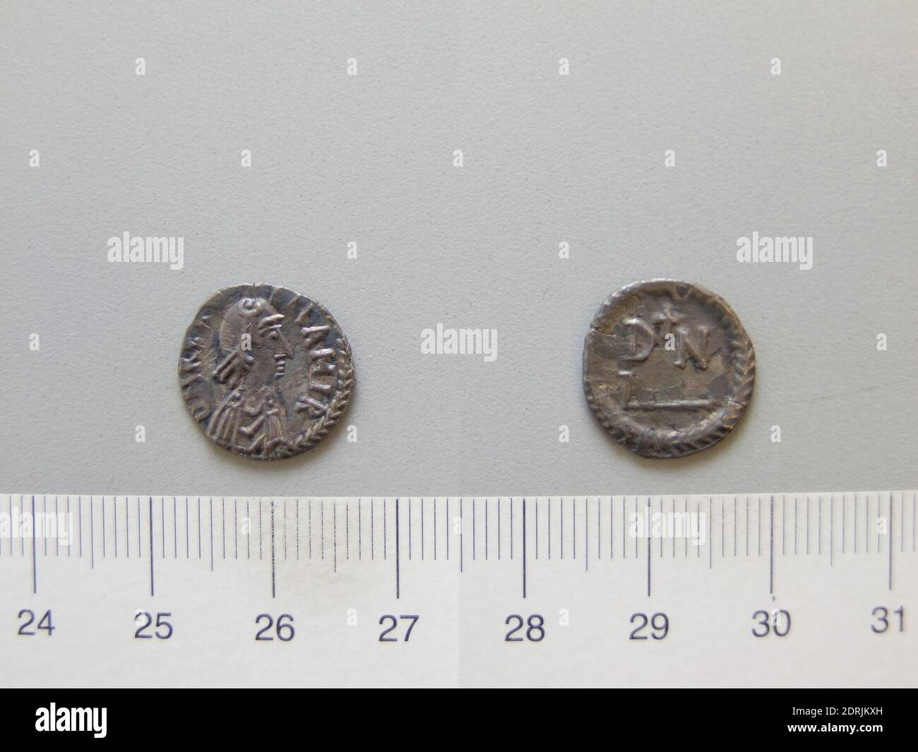 Ruler: Gelimer, King of the Vandals and Alans, 480–553, ruled 530–34, Mint: Carthage, 50 Denarii of Gelimer from Carthage, 530–33, Silver, 1.12 g, 2:00, 14 mm, Made in Carthage, Zeugitana, Vandalic, 6th century A.D., Numismatics Stock Photo