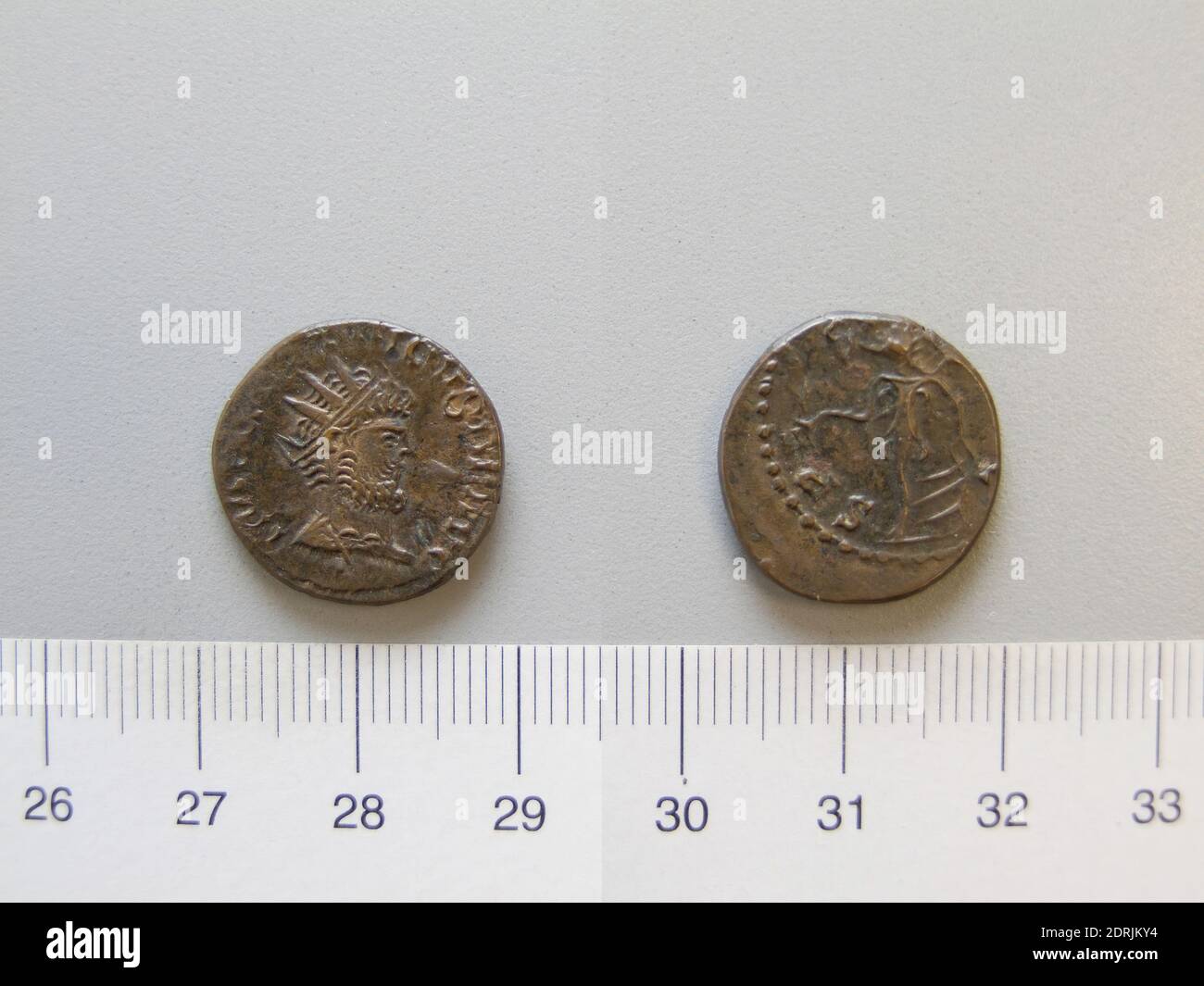 Ruler: Tetricus I, Emperor of Gaul, ca. 213–276, ruled 271–74, Coin of Tetricus I, Emperor of the Gallic Empire, 271–74, base, 3.43 g, 8:00, 17 mm, Made in Roman Empire, Roman, 3rd century A.D., Numismatics Stock Photo