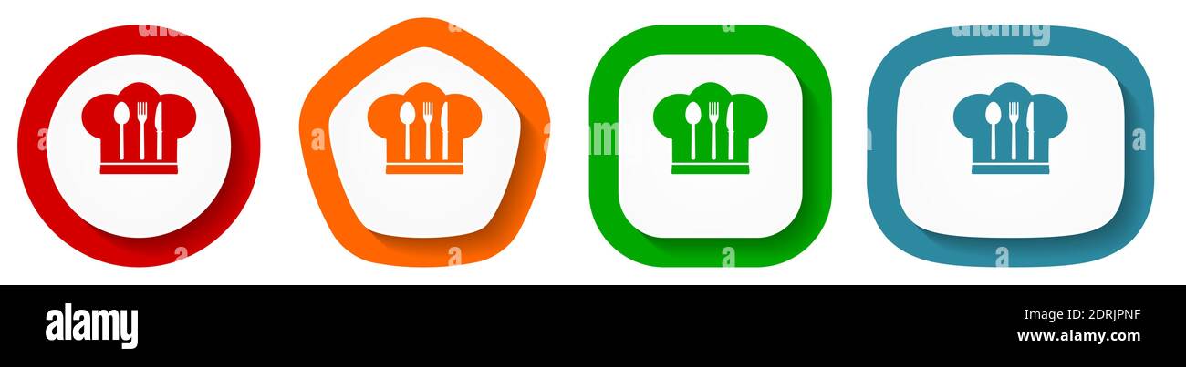 Chef hat, cook and kitchen vector icon set, flat design buttons on white background Stock Vector