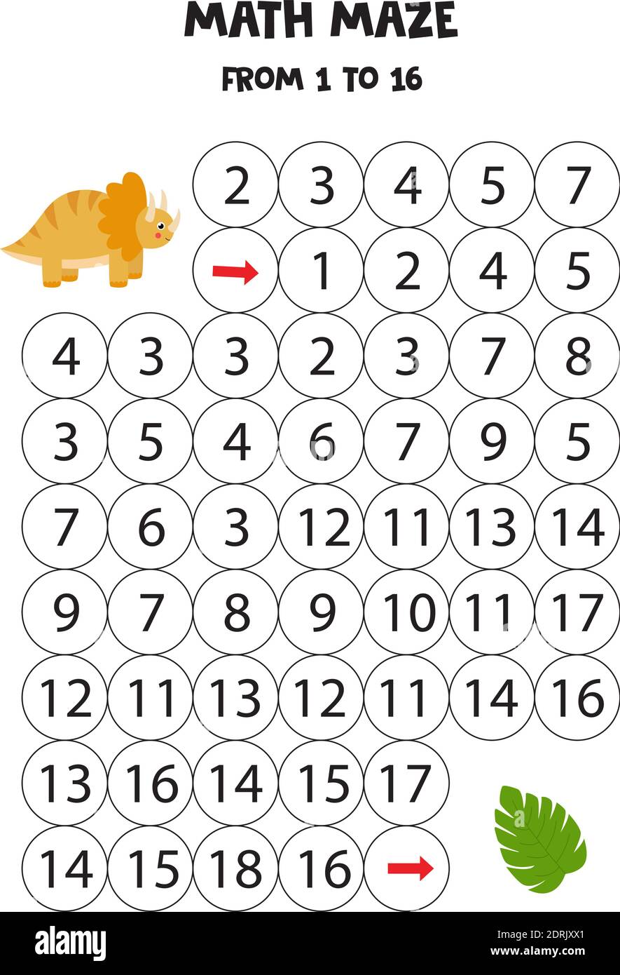 math maze with cute trice raptor dinosaur and tropical leaf educational worksheet count from 1 to 16 stock vector image art alamy