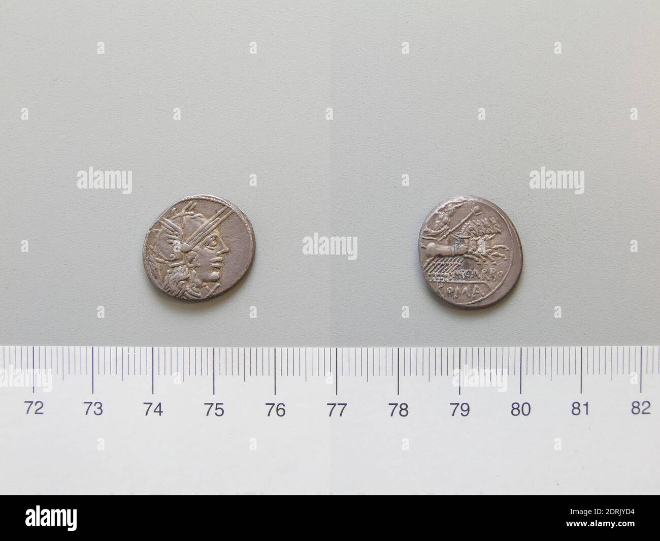 Mint: Rome, Magistrate: M. CARBO, Denarius from Rome, 122 B.C., Silver, 3.97 g, 5:00, 19 mm, Made in Rome, Italy, Roman, 2nd century B.C., Numismatics Stock Photo