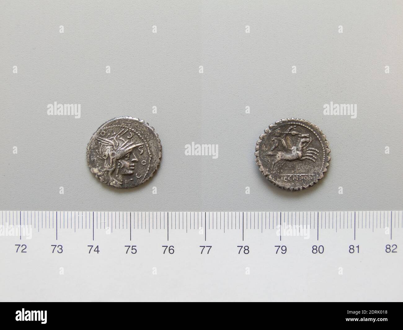 Mint: Narbo, Magistrate: L. LICMagistrate: CN. DOMMagistrate: L. COSCO M. F, Denarius from Narbo, 118 B.C., Silver, 3.69 g, 7:00, 20 mm, Made in Narbo, Roman, 2nd century B.C., Numismatics Stock Photo