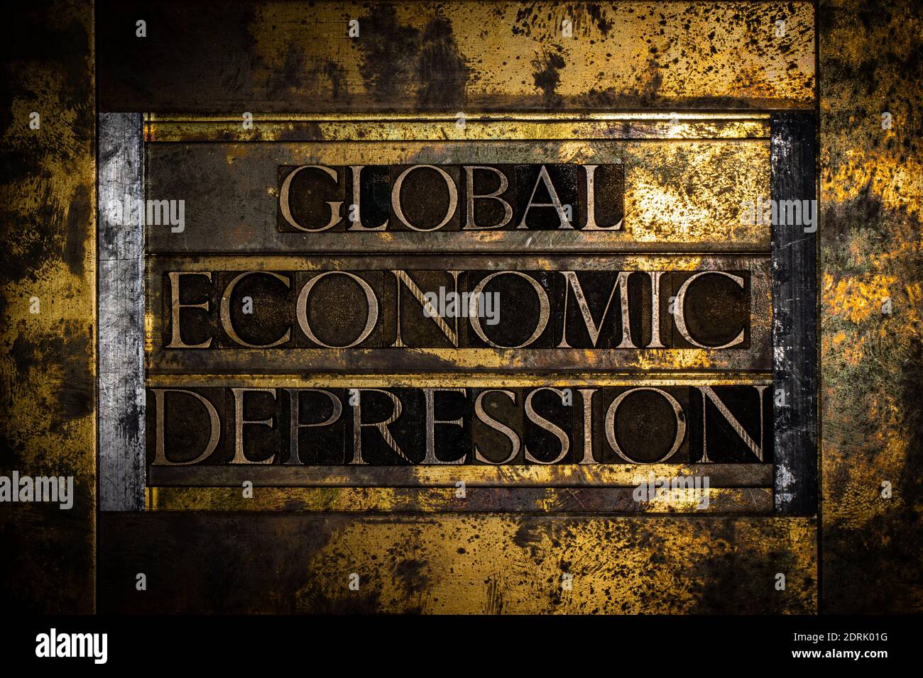 Global Economic Depression text on vintage textured grunge copper and gold background Stock Photo