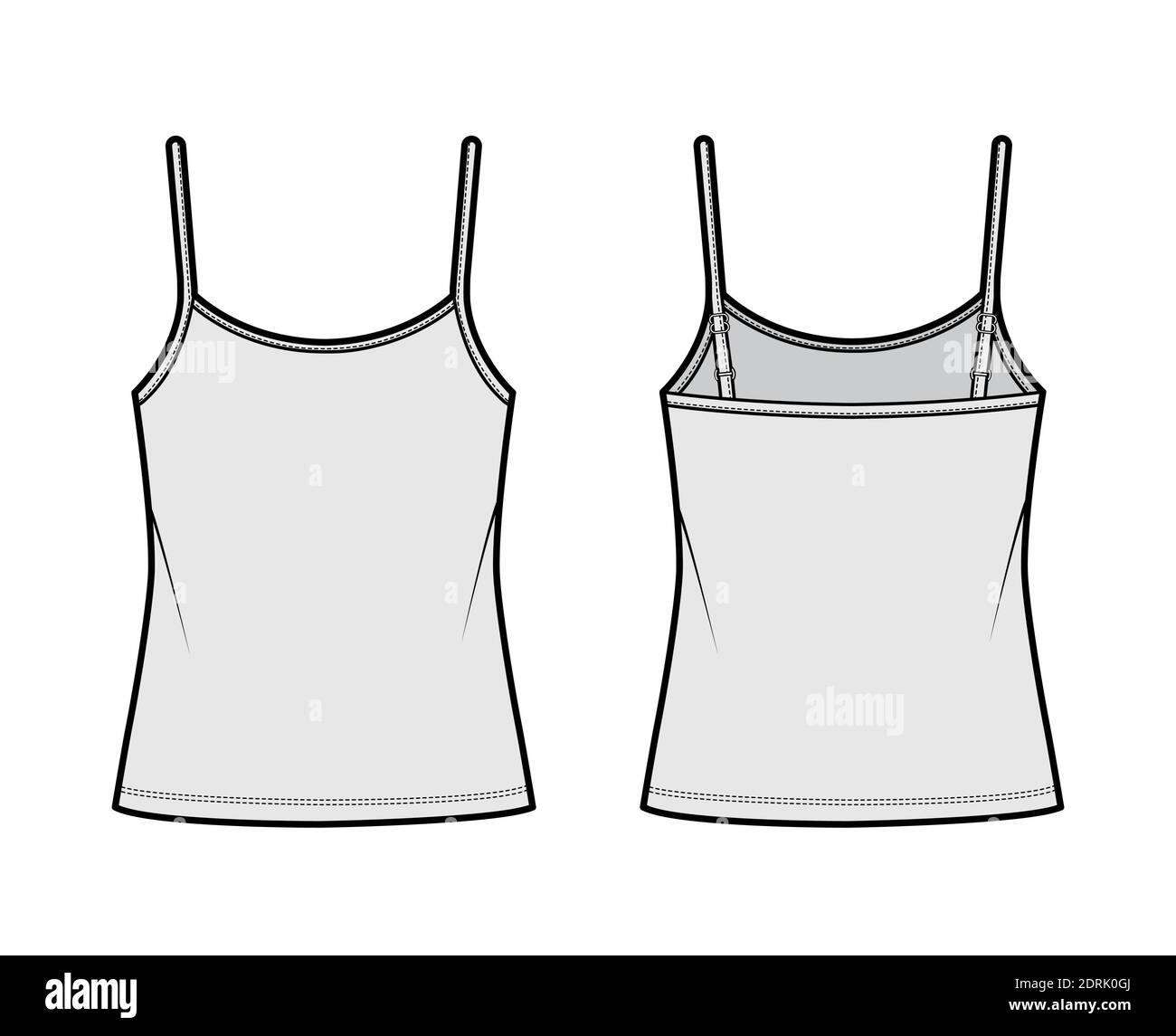 Set of Camisoles scoop neck cotton-jersey top technical fashion  illustration with thin adjustable straps, slim fit, crop, tunic length.  Flat tank template front white color. Women men CAD mockup Stock Vector  Image
