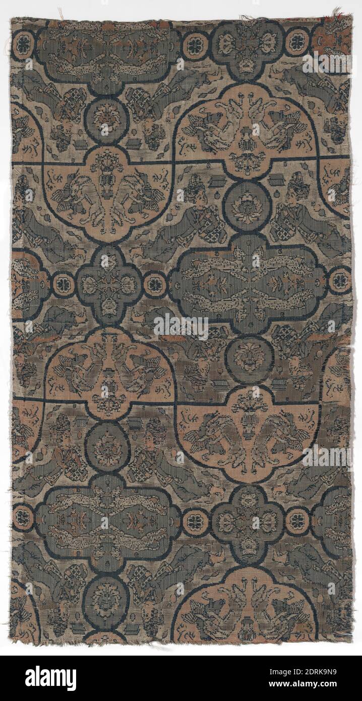 Maker: Khwaja Ghiyath ad-din ‘Ali, active late 16th–early 17th century, Textile Fragment with Figures, Animals, and Plants, late 16th–early 17th century, Triple-weave silk, 8 7/8 × 16 5/16 in. (22.6 × 41.5 cm), Poet, painter, mystic, and master weaver of the court of Shah Abbas, Khwaja Ghiyath ad-din ‘Ali is the most famous of the Safavid designers whose textiles bear their signatures. Scholars first noticed his name on a small number of silks early this century, and since then, his fabrics have emerged as some of the finest Persian textiles ever made. Stock Photo