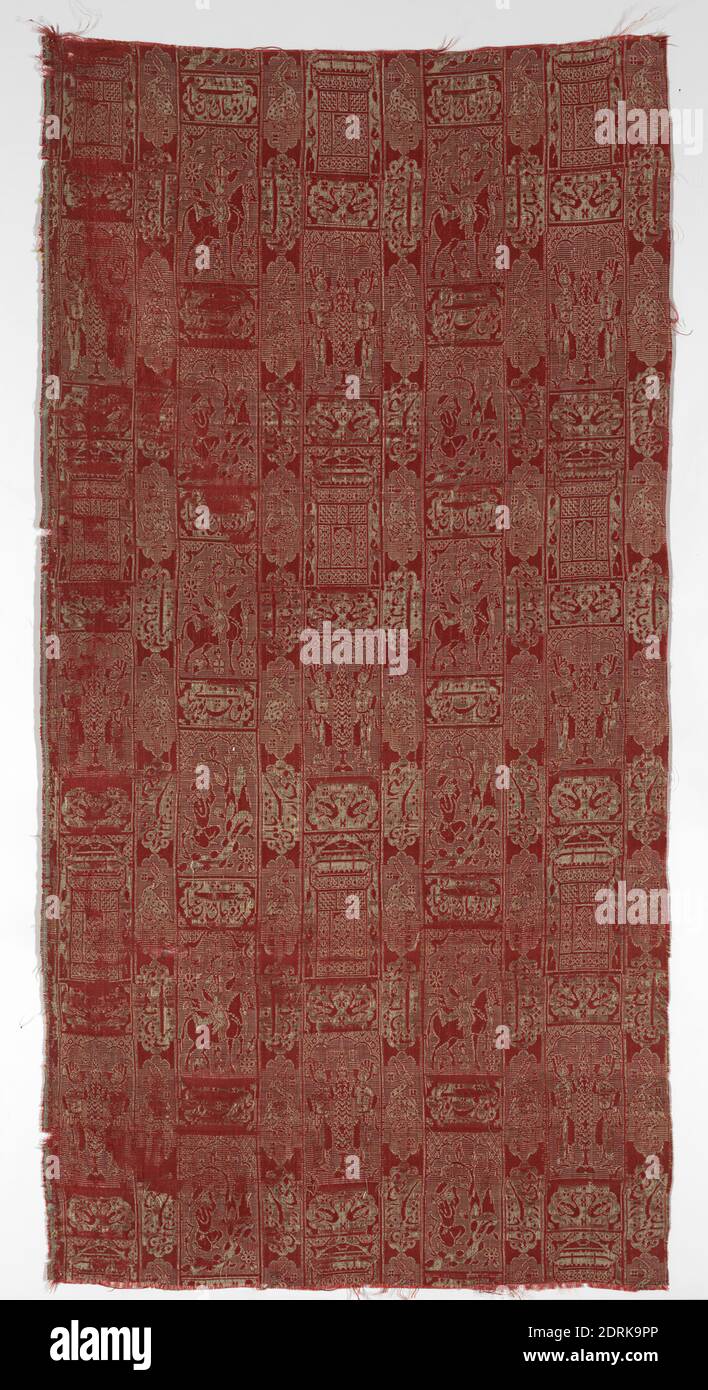 Textile Fragment with Poetic Scenes and Verses, 17th century, Double cloth (two plain weaves); in red and white silk with silver metallic thread, 13 11/16 × 26 5/8 in. (34.8 × 67.6 cm), The many illustrated panels of this textile alternate with inscribed cartouches and show equestrians, gentlemen, tiled pavilions, and animals. The phrases on the cartouches include one that extols the beauty of cloth spun from the soul. Stock Photo