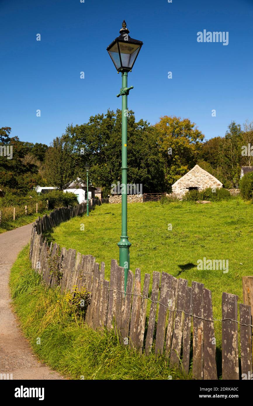 UK, Wales, Cardiff, St Fagans, National Museum of History, street lamp and slate fence Stock Photo