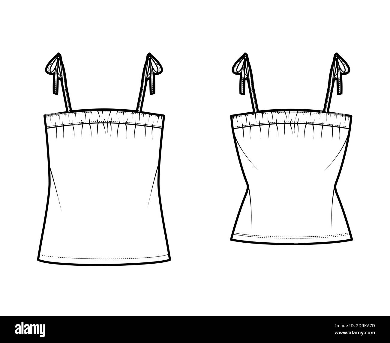 Set of Tanks tie strap tops technical fashion illustration with ruching, oversized and fitted body, tunic length. Flat apparel outwear shirt template front white color. Women, men unisex CAD mockup Stock Vector