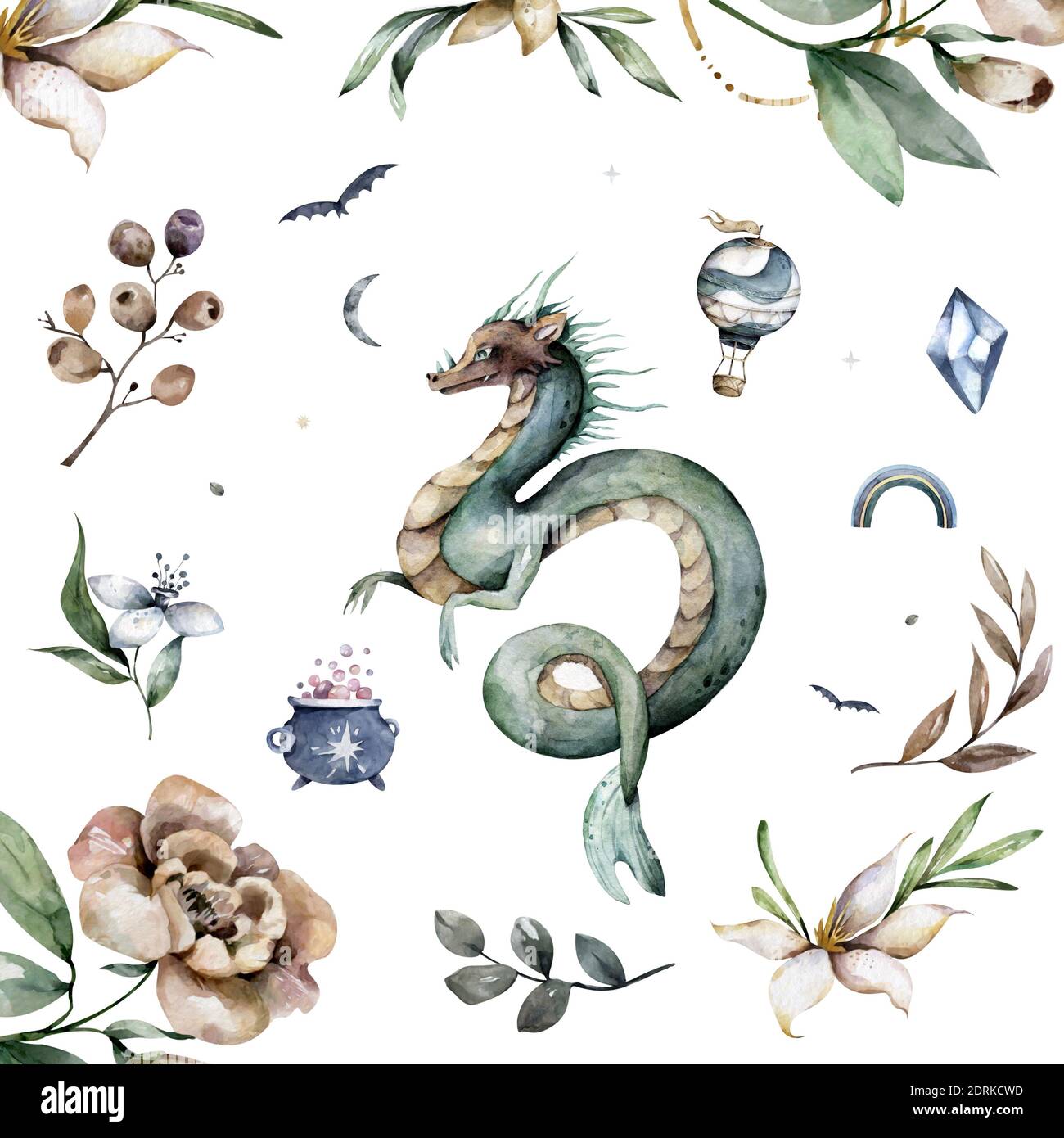 Magic fairy green dragon elements and characters. Hand drawn watercolor ...