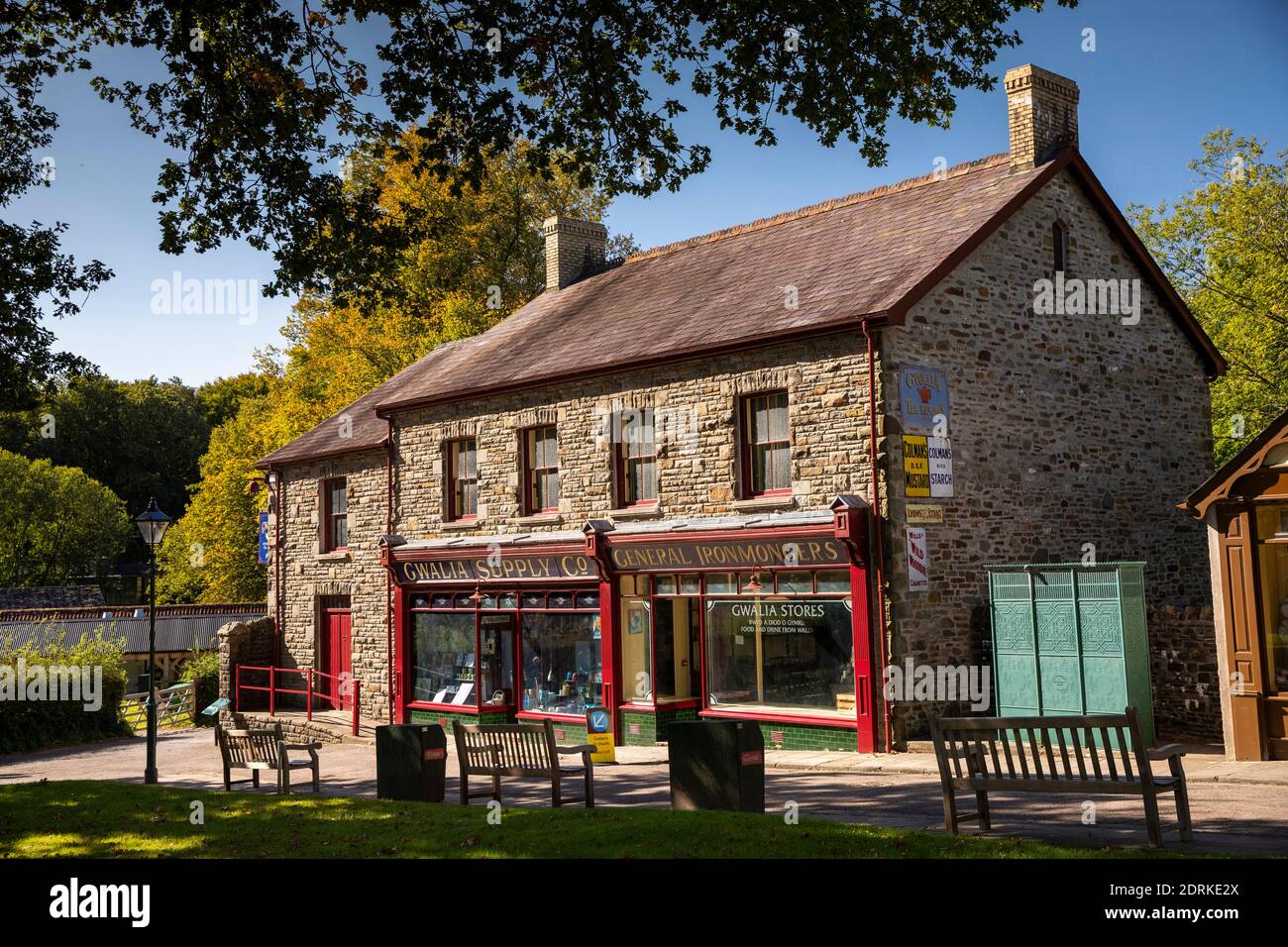UK, Wales, Cardiff, St Fagans, National Museum of History, Gwalia Stores, originally William Llewellyn from Ogmore Vale’s grocery store next to public Stock Photo