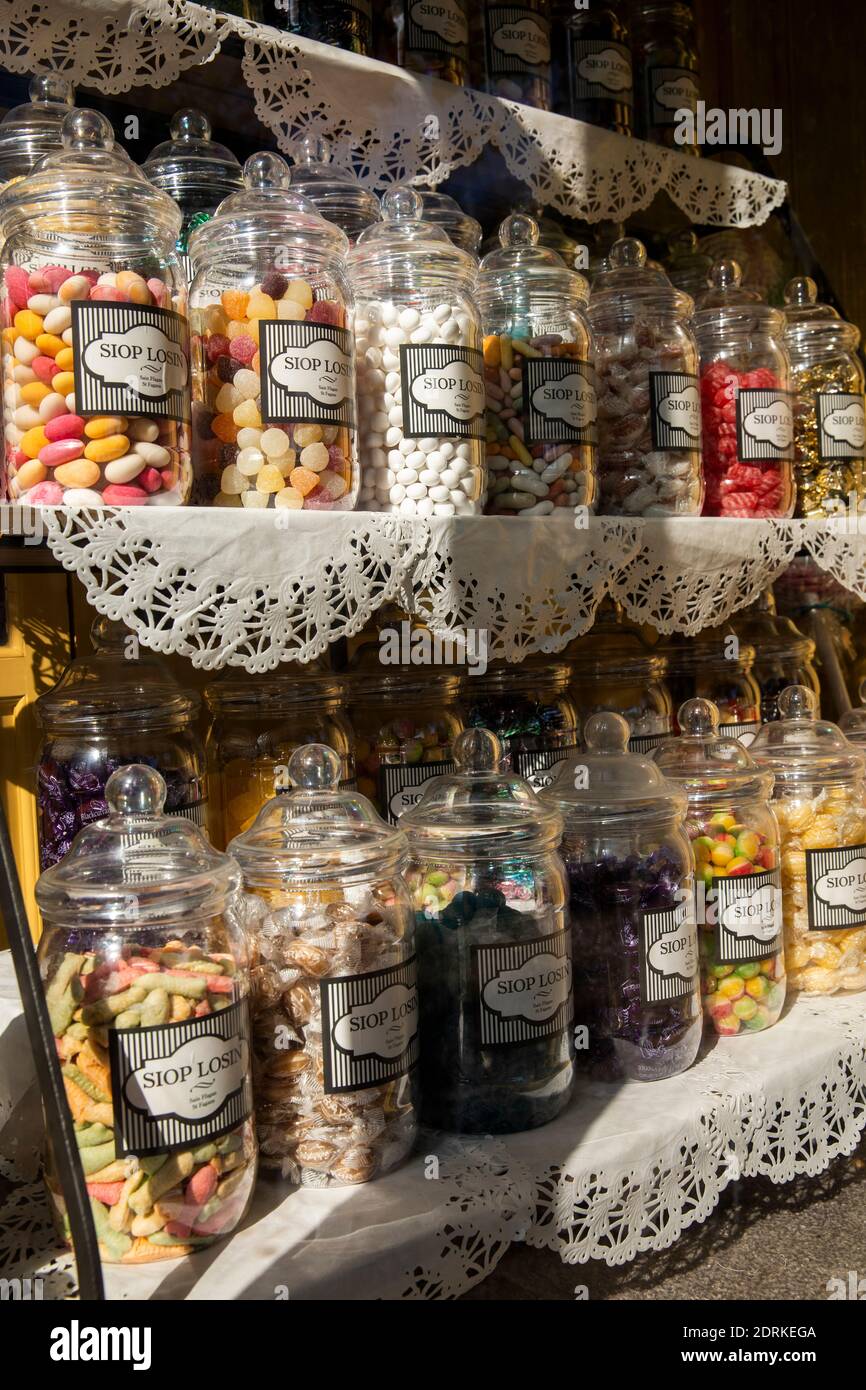 UK, Wales, Cardiff, St Fagans, National Museum of History, Siop Losin, sweet shop display Stock Photo