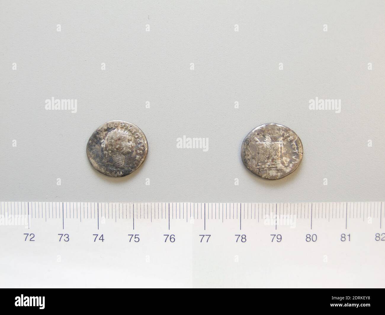 Ruler: Titus, Emperor of Rome, A.D. 39–81, ruled 79–81, Mint: Rome, Honorand: Domitian, Emperor of Rome, A.D. 51–96, ruled 81–96, Denarius of Titus, Emperor of Rome from Rome, 80–81, Silver, 2.82 g, 6:00, 17.4 mm, Made in Rome, Italy, Roman, 1st century A.D., Numismatics Stock Photo