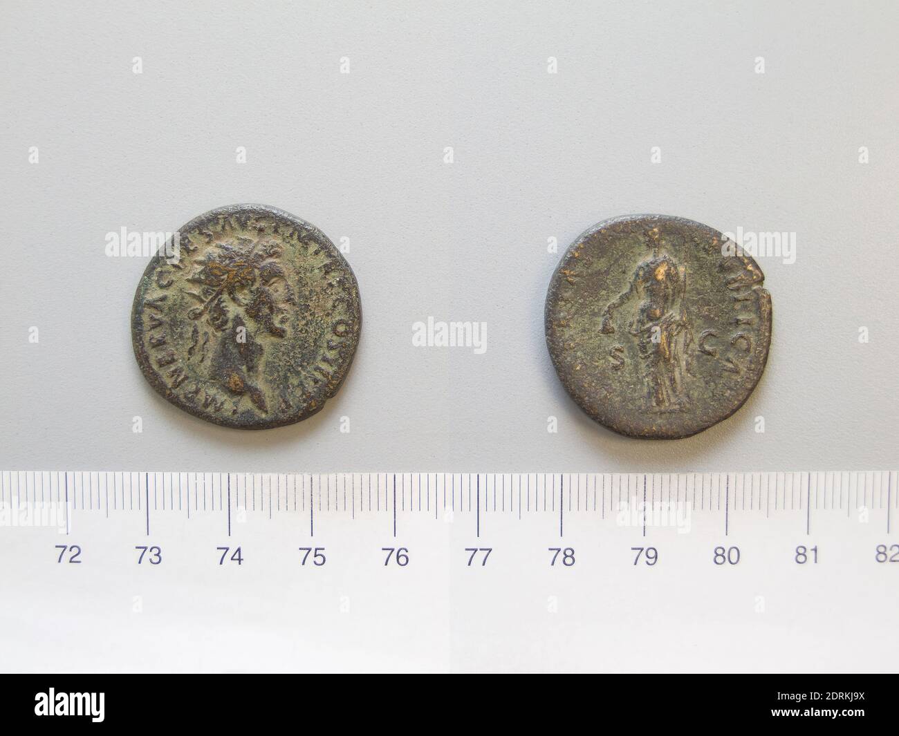 Ruler: Nerva, Emperor of Rome, A.D. 30–98, ruled 96–98, Mint: Rome, Dupondius of Nerva, Emperor of Rome from Rome, 97, Bronze, 11.08 g, 6:00, 28.2 mm, Made in Rome, Italy, Roman, 1st century A.D., Numismatics Stock Photo