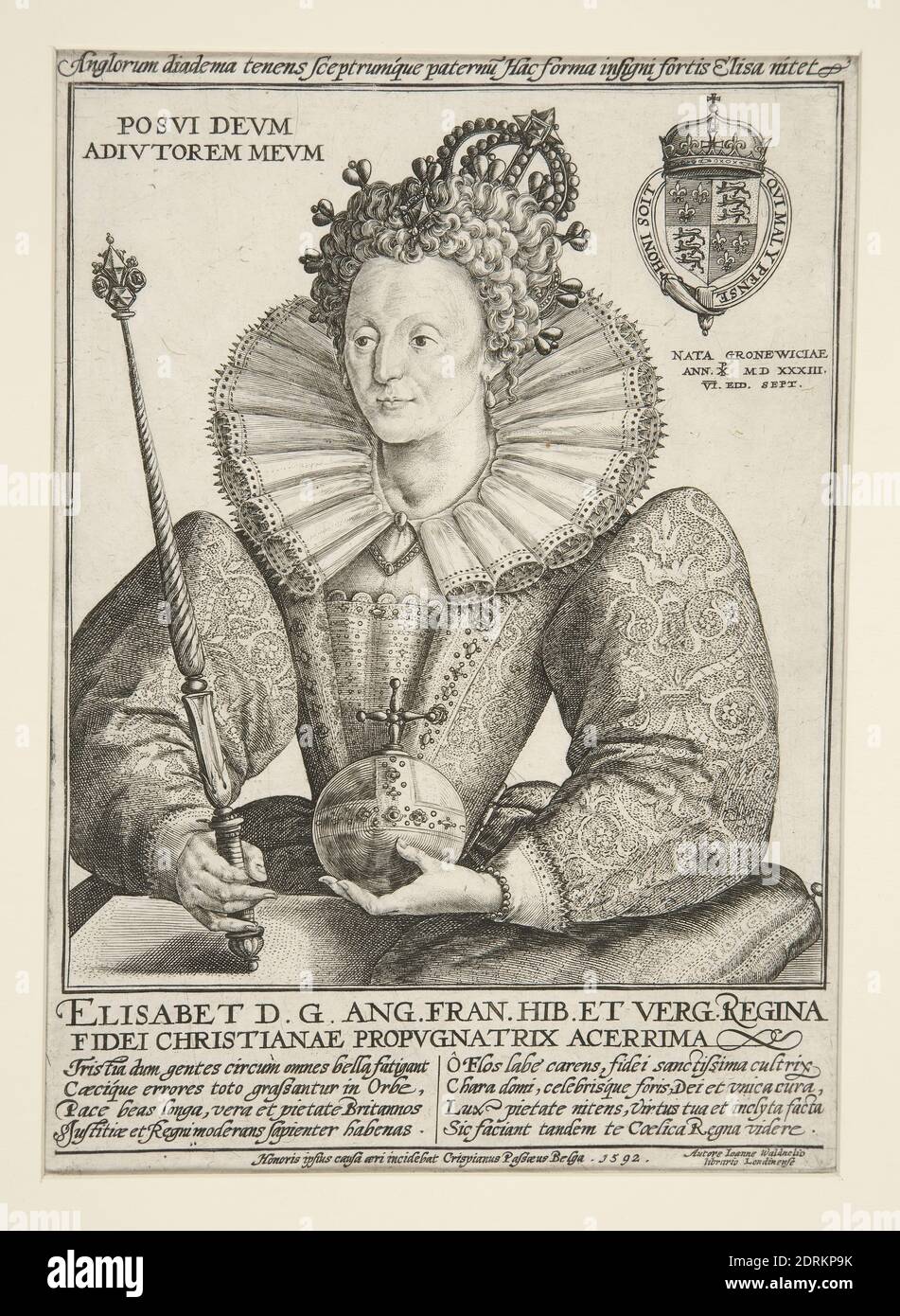 Artist: Crispijn de Passe the Elder, Dutch, 1565–1637, Elizabeth, Queen of England, Engraving, platemark: 17.9 × 12.7 cm (7 1/16 × 5 in.), Made in The Netherlands, Dutch, 16th century, Works on Paper - Prints Stock Photo