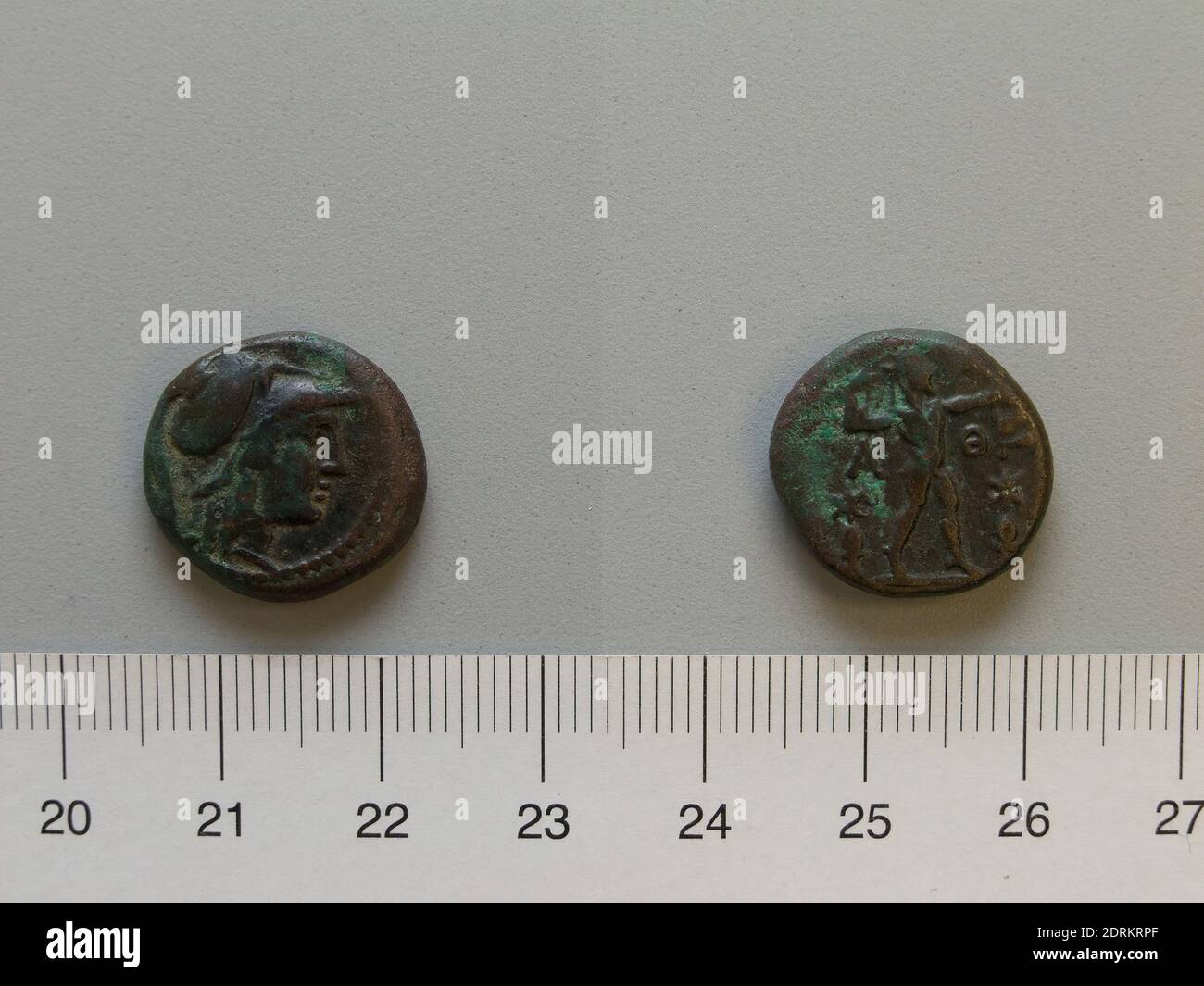 Mint: Clarentza, Coin from Clarentza, 180–170 B.C., Bronze, 5.93 g, 12:00, 17.6 mm, Made in Clarentza, Peloponnese, Greek, Numismatics Stock Photo