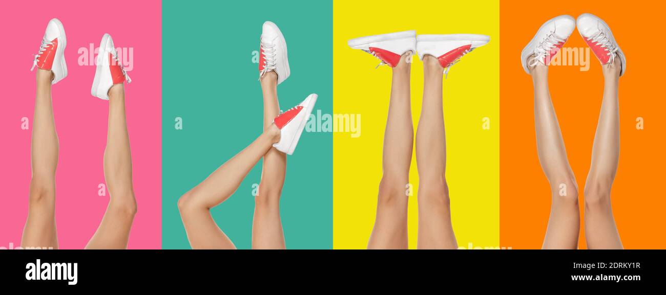 Color Legs Close-up slim female legs in sports shoes isolated on vibrant colors ...