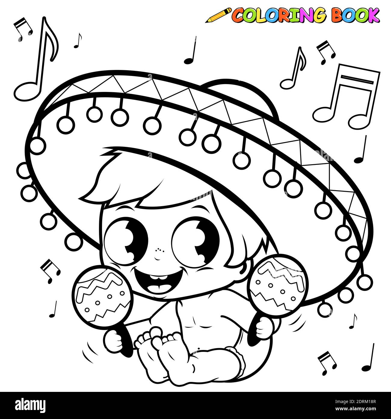 Mariachi baby boy playing the maracas. Black and white coloring page. Stock Photo