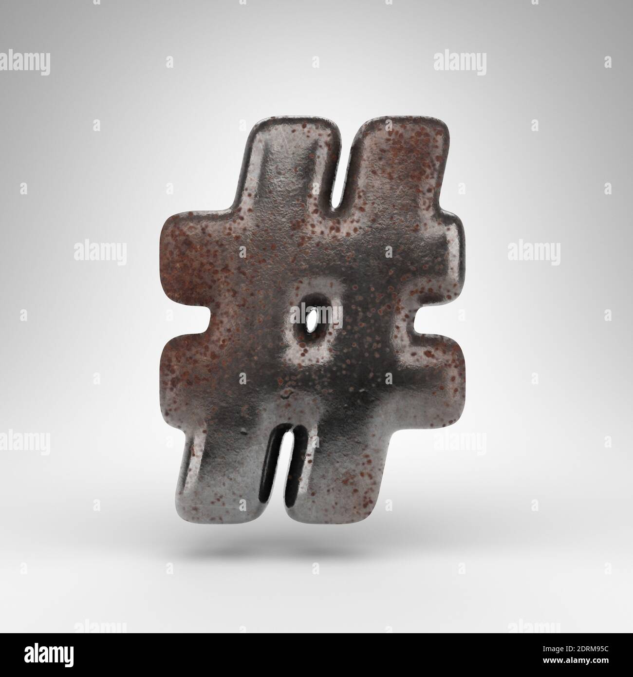 Hashtag symbol on white background. Rusty metal 3D rendered sign with