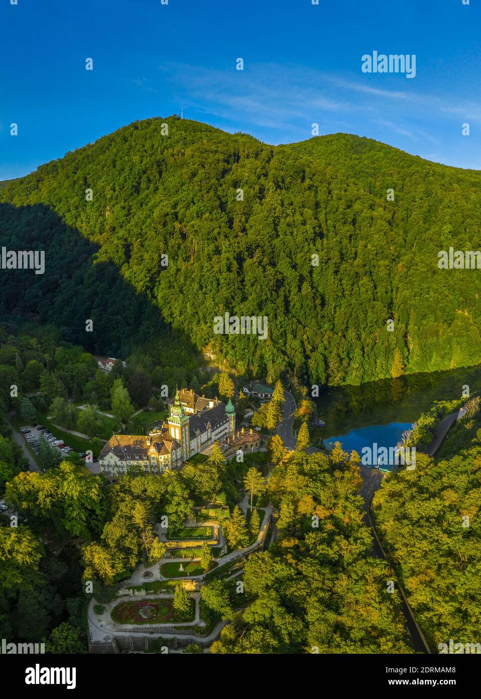 Lillafured, Hungary - Aerial view of the famous Lillafured Castle in the mountains of Bukk near Miskolc on a sunny summer morning with clear blue sky Stock Photo