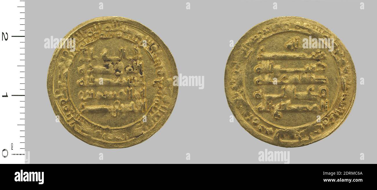 Ruler: al-Muti’, Caliph, 914–974, ruled 946–74, Mint: Misr’Magistrate: Abu’l-Qasim Unujur ibn al-Ikhshid, ruled 946–61, 1 Dinar of al Muti’, Caliph from Misr’, 955/6 (A.H. 344), Gold, 4.25 g, 3:00, 22 mm, Made in Misr, Egypt, Islamic, 10th century, Numismatics Stock Photo