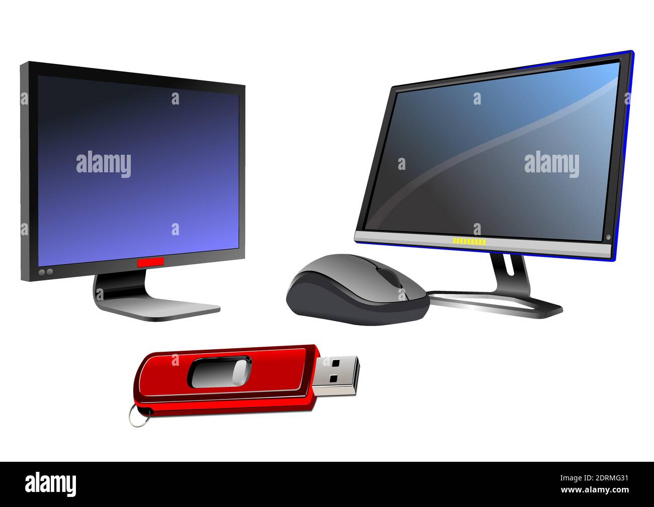 Flat computer monitor. Display. Mouse and disk on key.Vector