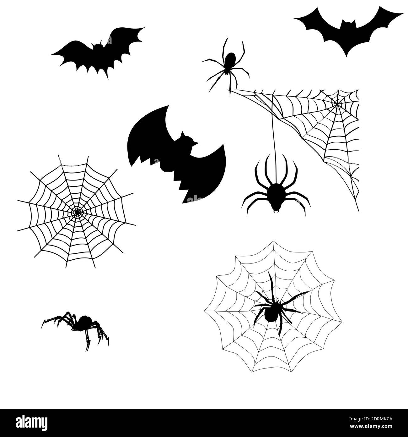 An illustration of cobwebs, bats and spiders isolated on a white background - Halloween concept Stock Photo