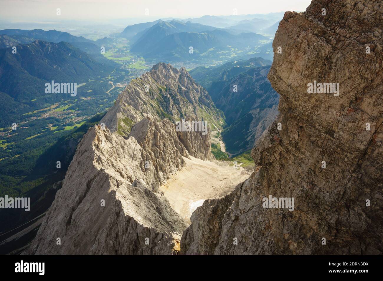 The Zugspitze highest peak of the Wetterstein Mountains, & highest mountain in Germany. Lies south of the town of Garmisch-Partenkirchen. Stock Photo