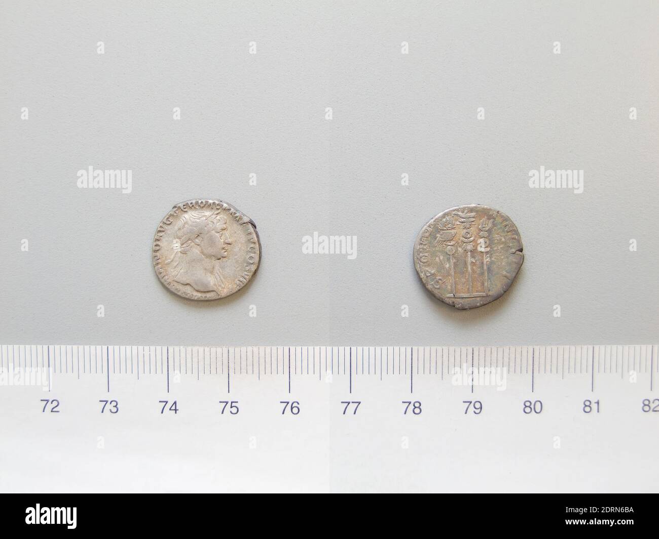 Ruler: Trajan, Emperor of Rome, A.D. 53–117, ruled 98–117, Mint: Rome, Denarius of Trajan, Emperor of Rome from Rome, 112–17, Silver, 2.82 g, 7:00, 18 mm, Made in Rome, Italy, Roman, 2nd century, Numismatics Stock Photo