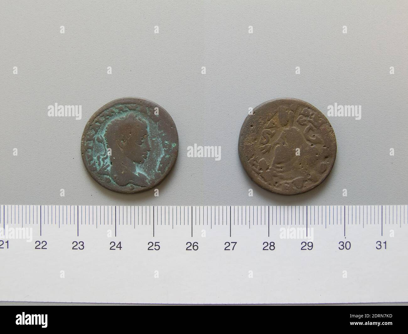 Ruler: Elagabalus, Emperor of Rome, ca. 203–222, ruled 218–22, Mint: Antioch, 1 As of Elagabalus, Emperor of Rome from Antioch, 218–22, copper, 9.40 g, 11:00, 26 mm, Made in Antioch, Seleucis and Pieria, Excavated in Dura-Europos, Roman, 3rd century, Numismatics Stock Photo