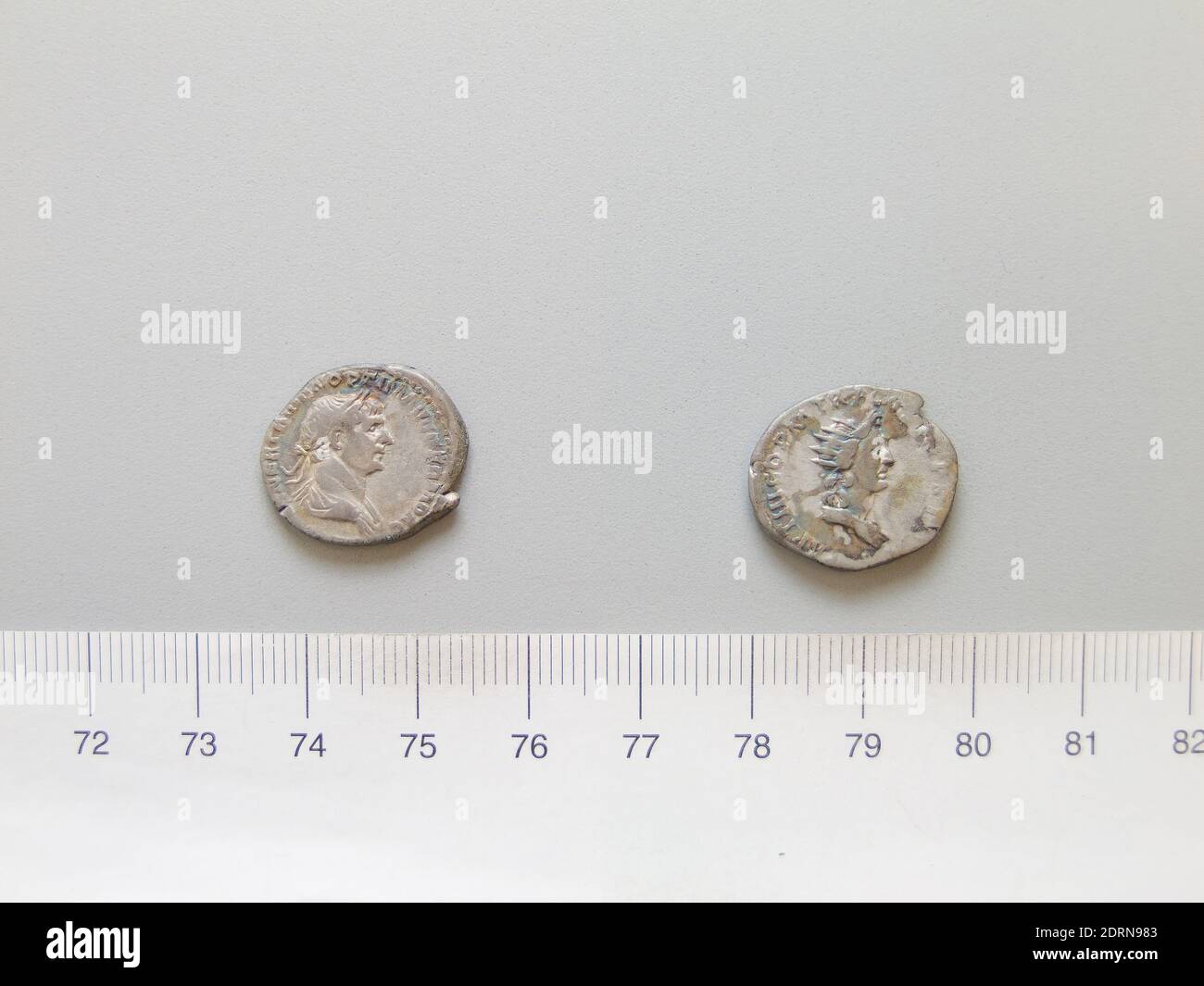 Ruler: Trajan, Emperor of Rome, A.D. 53–117, ruled 98–117, Mint: Rome, Denarius of Trajan, Emperor of Rome from Rome, 112–17, Silver, 3.12 g, 7:00, 18.5 mm, Made in Rome, Italy, Roman, 2nd century, Numismatics Stock Photo