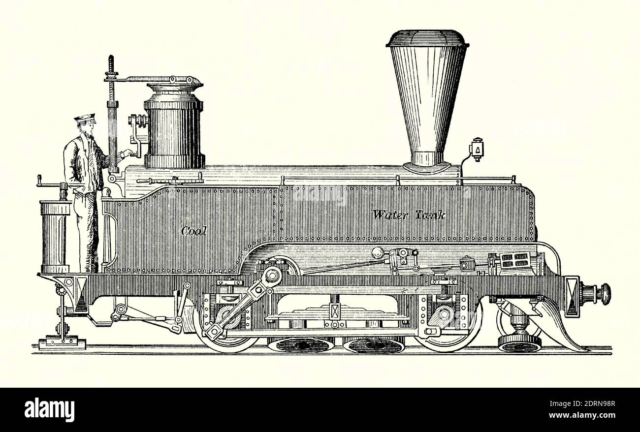 An old engraving of a ‘unorail’ steam locomotive in the 1800s. It is from a Victorian mechanical engineering book of the 1880s. Designed for pulling freight wagons on a normal double track, the loco’s drive is via a pair of wheels on just one rail, with stabilising side-wheels turned in almost at a horizontal angle in order to stabilise the steam engine. This system would probably allow the train to negotiate tighter turns on a track than a conventional, two-rail-driven loco could. It is doubtful if the design was ever built. Stock Photo
