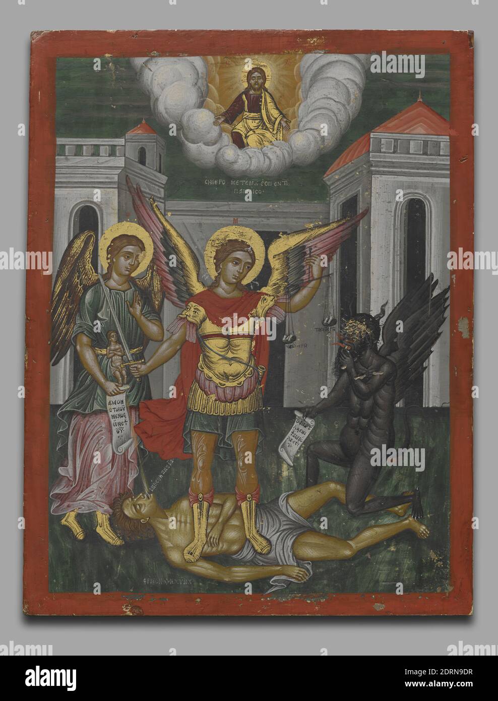 Saint Michael Weighing a Soul, Oil on panel, 29.2 × 22.2 cm (11 1/2 × 8 3/4 in.), Greco-Byzantine, 18th century(?), Paintings Stock Photo