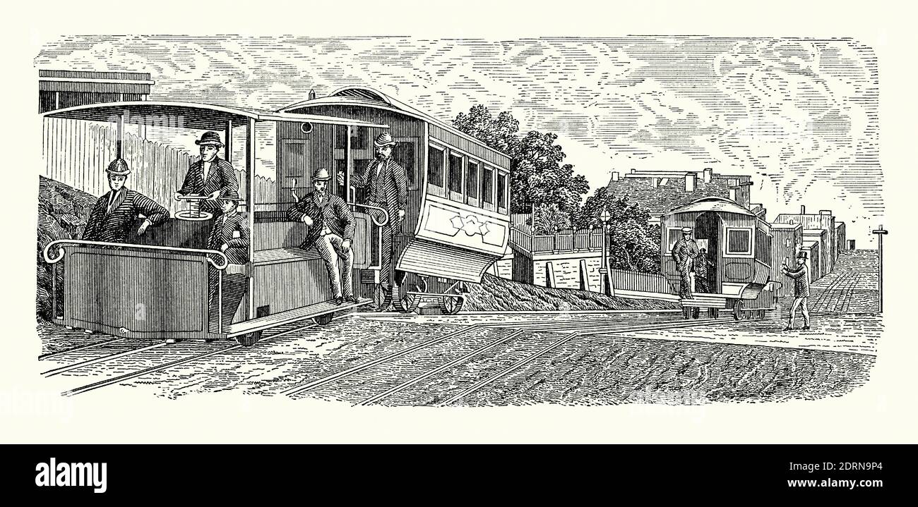 An old engraving of Hallidie’s 1873 wire-rope railway in San Francisco, California, USA. It is from a Victorian mechanical engineering book of the 1880s. Andrew Smith Hallidie (1836 –1900) was the promoter of the Clay Street Hill Railroad in San Francisco, the world's first practical cable car system. Hallidie is often regarded as the inventor of the cable car and father of the present day San Francisco cable car system. The Clay Street line started regular service in 1873 and was a financial success. Hallidie's patents on the cable car design made him a rich man. Stock Photo