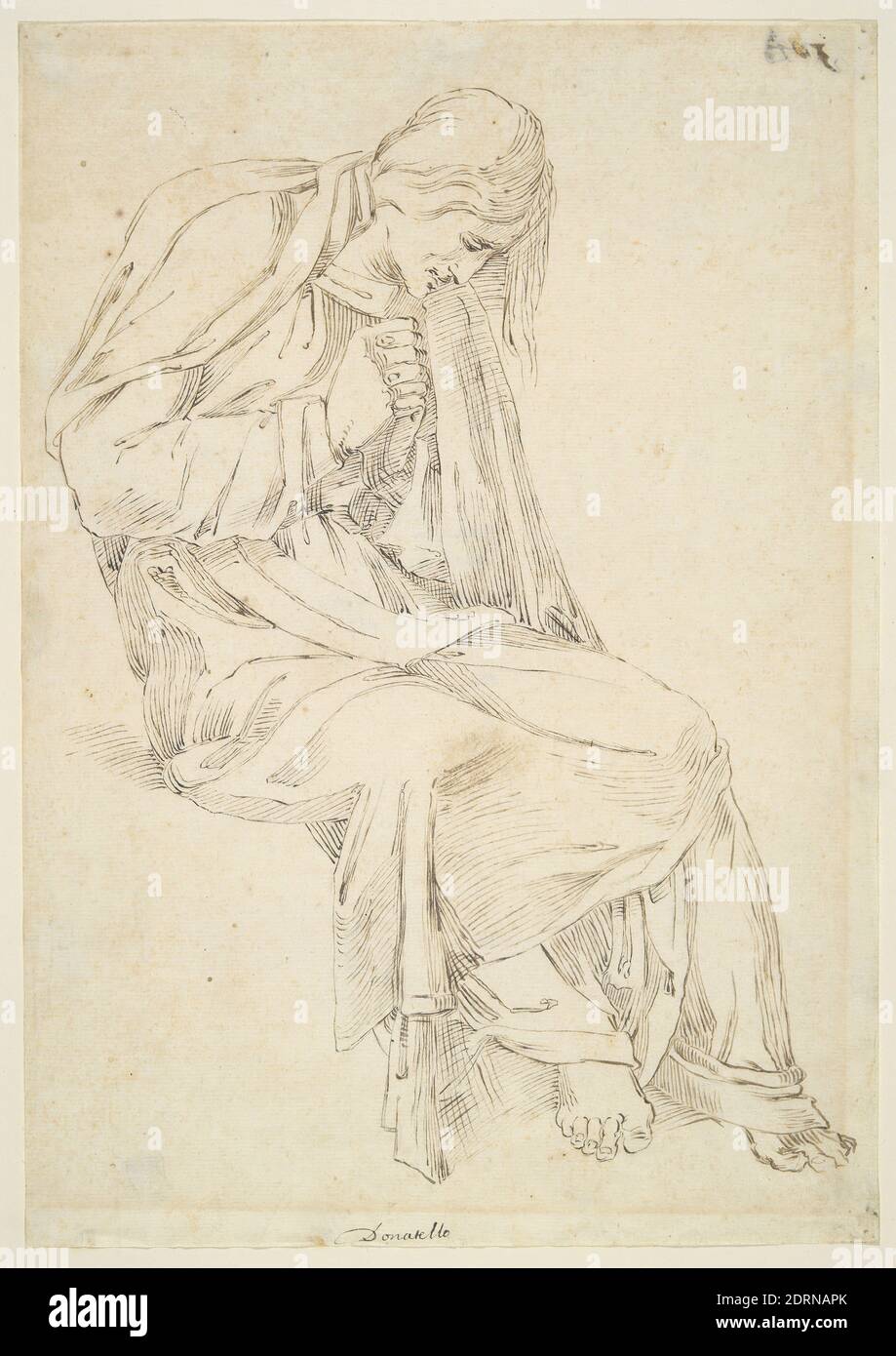 Artist, copy after: Donatello (Donato di Niccolò di Betto Bardi), Italian, Florence, 1386/87–1466, Mater Dolorosa, copied from the Lamentation of the San Lorenzo Pulpit, 17th–18th century, Pen and brown ink, over traces of graphite, 29.8 × 20.8 cm (11 3/4 × 8 3/16 in.), Italian, 17th–18th century, Works on Paper - Drawings and Watercolors Stock Photo