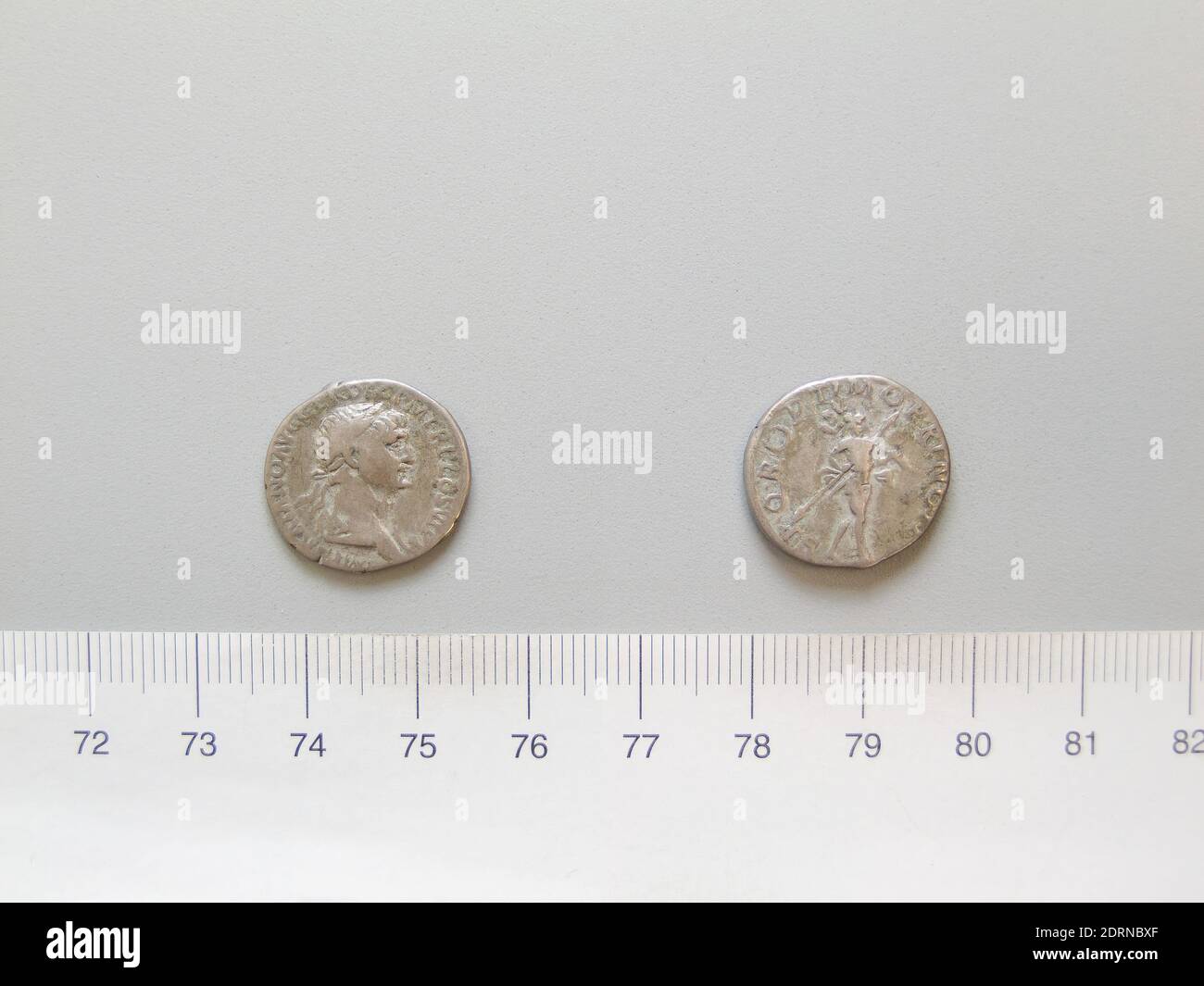 Ruler: Trajan, Emperor of Rome, A.D. 53–117, ruled 98–117, Mint: Rome, Denarius of Trajan, Emperor of Rome from Rome, 112–17, Silver, 2.93 g, 7:00, 18.7 mm, Made in Rome, Roman, 2nd century, Numismatics Stock Photo