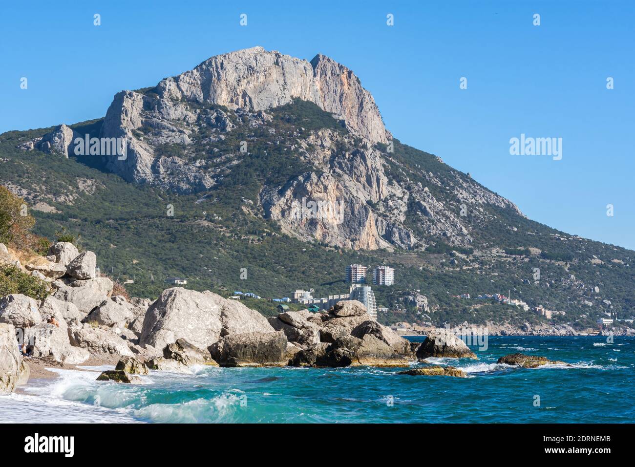 laspi bay and view of mount ilyas-kaya crimea october 07, 2018. Bright sunny Cloudless Day. View of the beach Batiliman. Clear turquoise sea water. Re Stock Photo