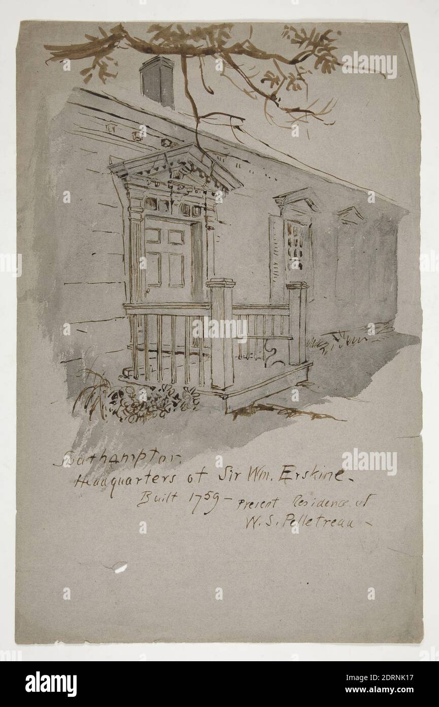 Artist: Edwin Austin Abbey, American, 1852–1911, M.A., 1897, Sketch of Headquarters of Sir William Erskine, Present Residence of W.S. Pelletreau, Southampton, Pen and brown ink, grey wash, Grey laid, 44.3 × 29.2 cm (17 7/16 × 11 1/2 in.), Made in United States, American, 19th century, Works on Paper - Drawings and Watercolors Stock Photo